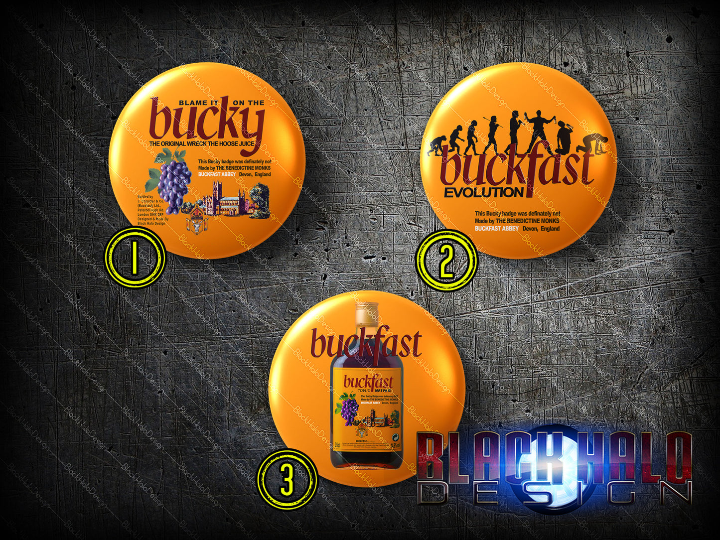 Buckfast Tonic Wine: Large 58mm Metal Pin Badge - Black Halo Design