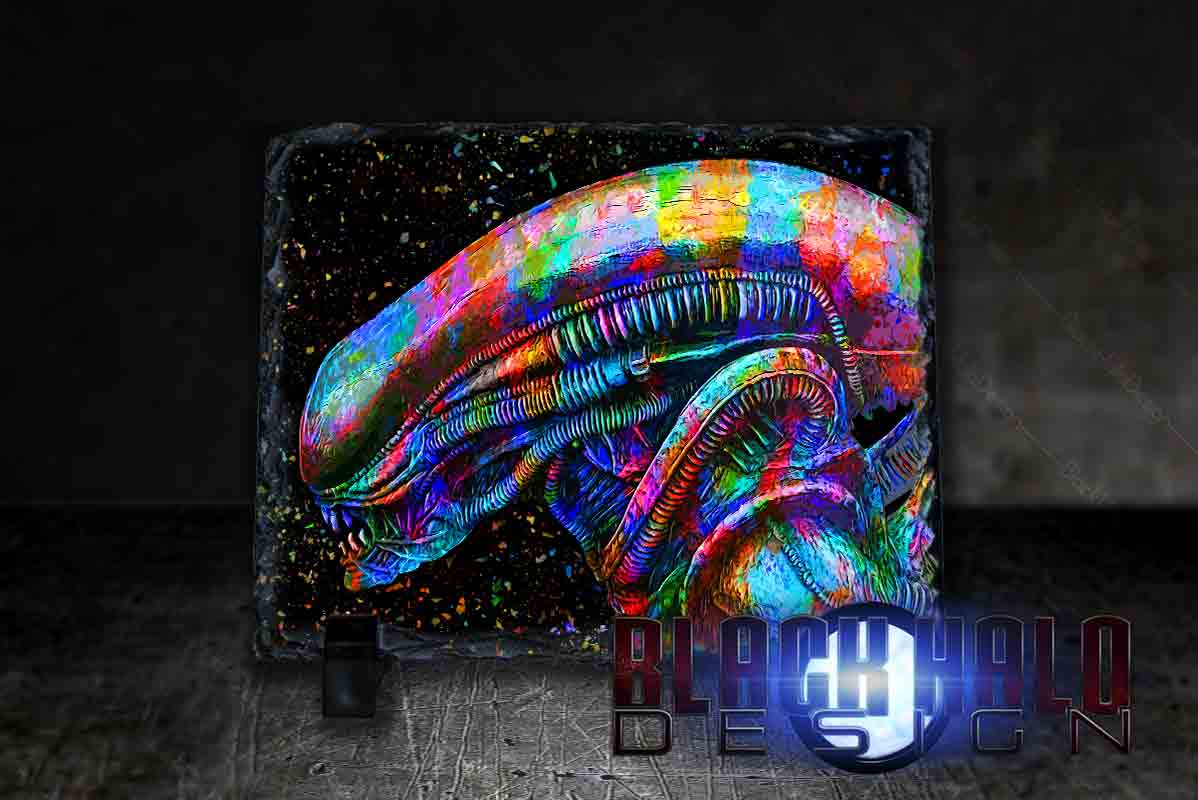 Alien Xenomorph artwork on Natural Rock Slate