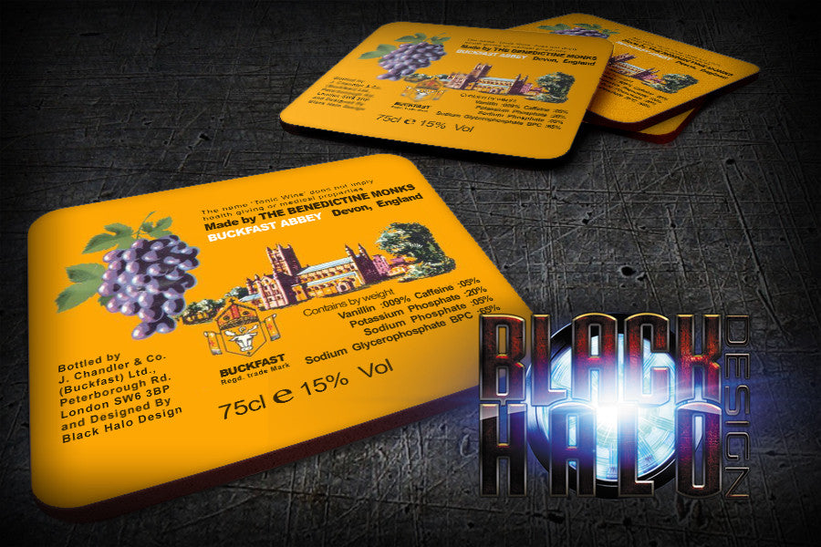 BUCKFAST TONIC WINE HARDWOOD SUBLIMATION COASTERS - Black Halo Design