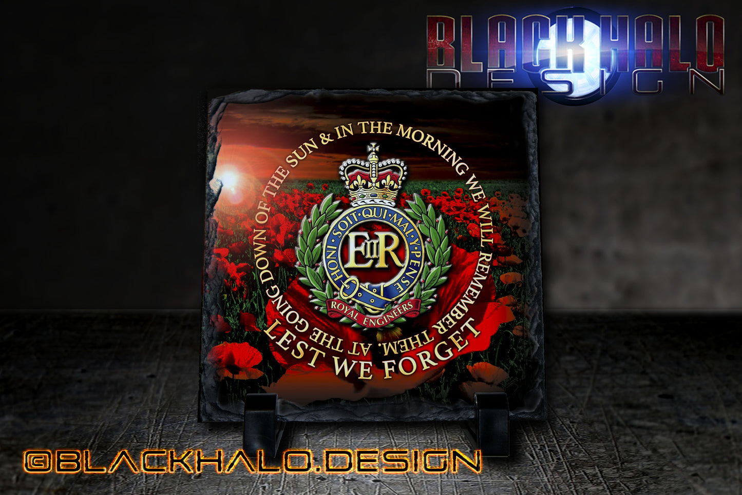 The Royal Engineers (Sappers): Lest We Forget Natural Rock Slate with Stands (150mm x 150mm) - Black Halo Design