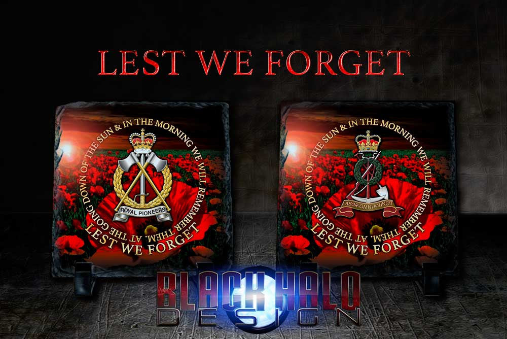 The Royal Pioneer Corps: Poppy: Lest We Forget Natural Rock Slate (150mm x 150mm) - Black Halo Design