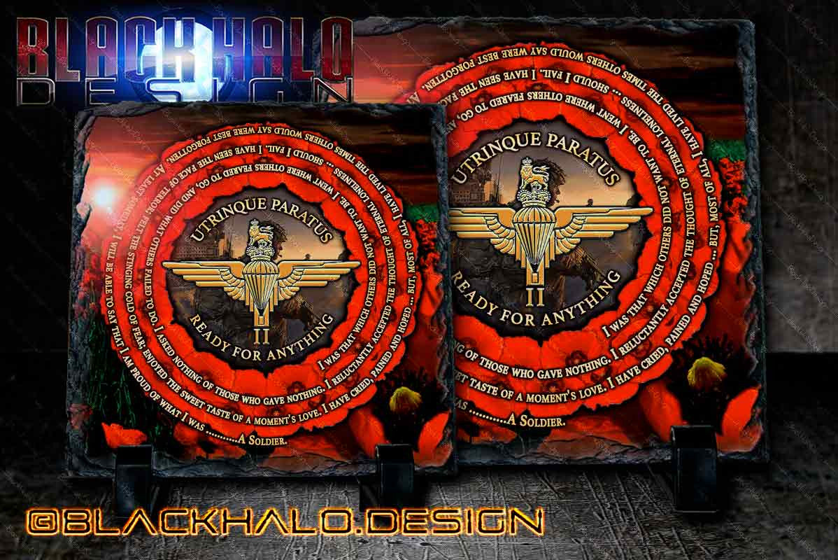 2 Para: Parachute Regiment: Poppy Soldiers Poem Natural Rock Slate with Stands