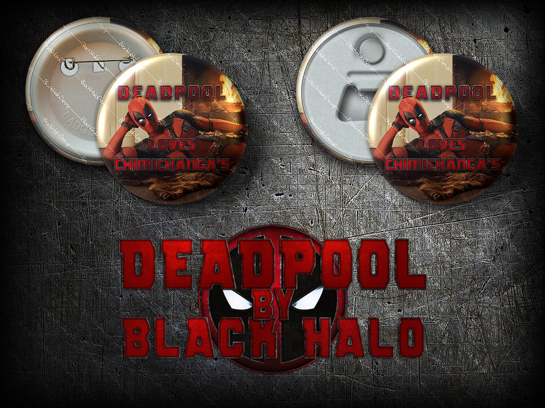 Deadpool: Large 58mm Metal Pin Badge or Magnet #chimichanga - Black Halo Design