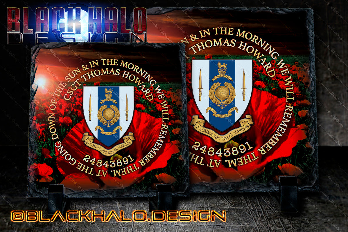 Royal Marines Commando (CDO): Lest we Forget Poppy Natural Rock Slate with Stands