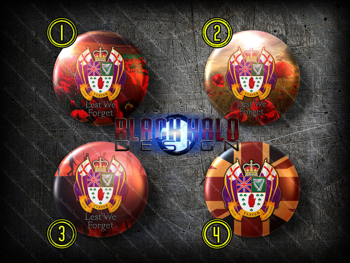 The 36th Ulster Division: Large 58mm Metal Pin Badge (Lest We Forget) - Black Halo Design