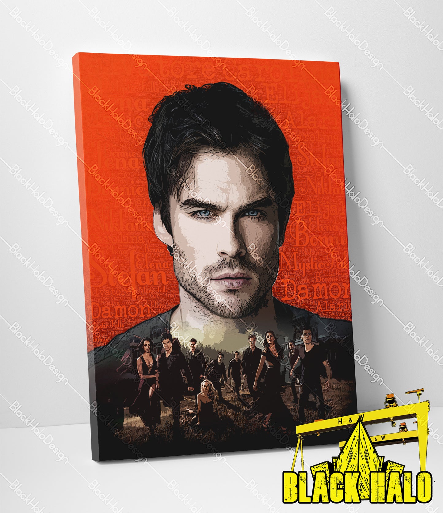 Vampire Diaries inspired Damon Salvatore artwork on Timber Framed Canvas