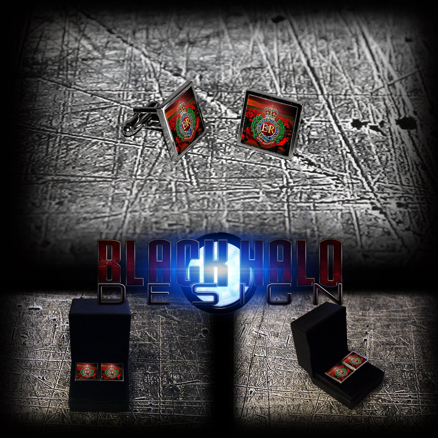 ROYAL ENGINEERS: POPPY FIELD (ARMY) METAL SQUARE CUFFLINKS(RE/SAPPERS/SOMME) - Black Halo Design