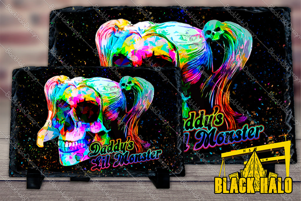 Harley Quinn Inspired artwork on Natural Rock Slate with Stands