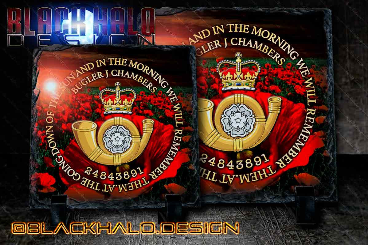 Personalised Kings Own Yorkshire Light Infantry Poppy Natural Rock Slate with Stands