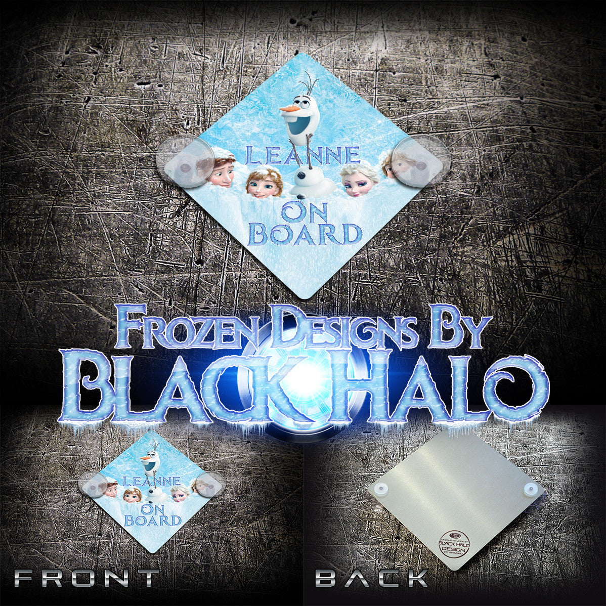 Personalised: (Name) On Board Metal Car Window Sign With 2 Suction Mounts/Cups - Black Halo Design