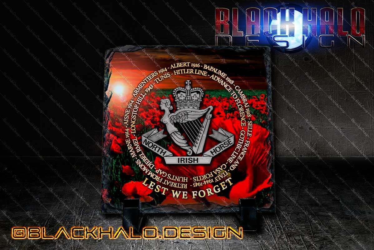 The North Irish Horse (NIH): Lest We Forget Natural Rock Slate with Stands (150mm x 150mm) - Black Halo Design