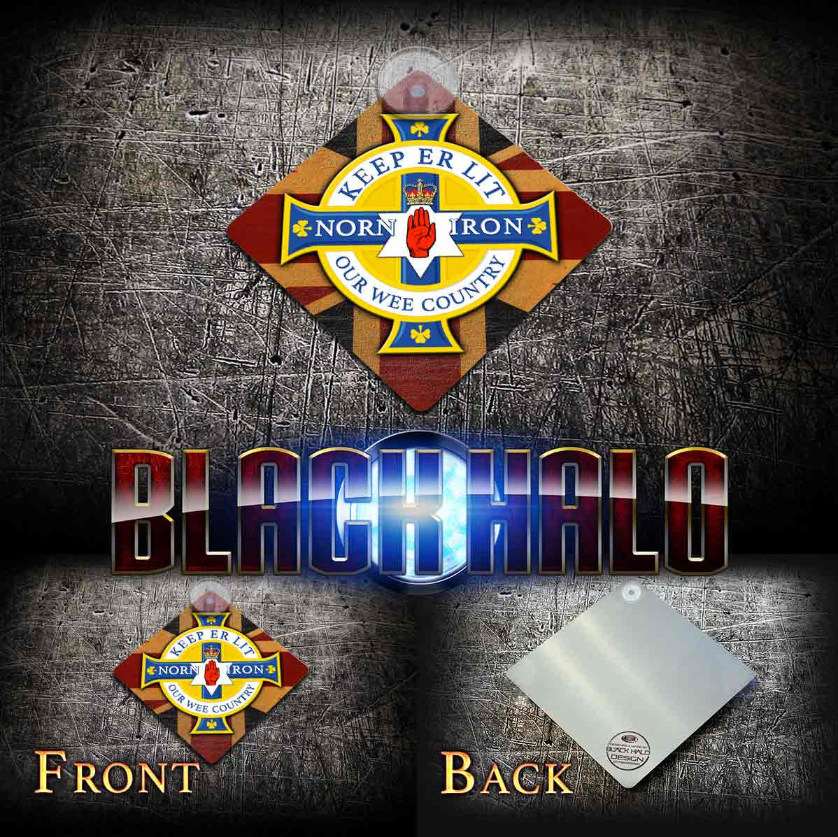 Northern Ireland: Norn Iron Metal Car Window Sign with Suction Cup #Our Wee Country - Black Halo Design