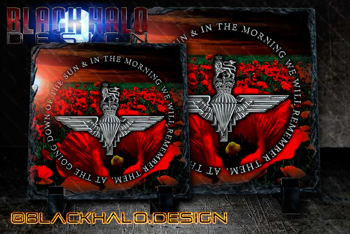 The Parachute Regiment (Para) Poppy Natural Rock Slate with Stands #Somme #Chrome - Black Halo Design