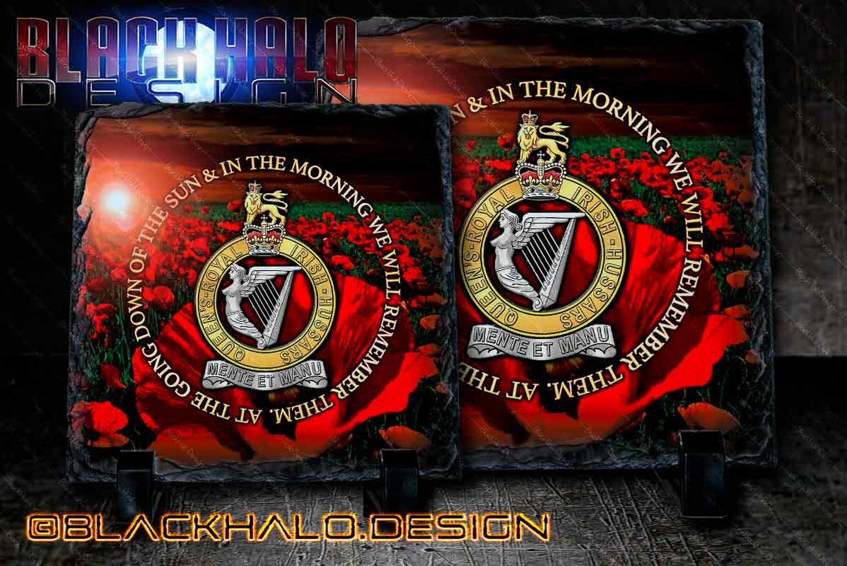 Queens Royal Irish Hussars: Poppy Natural Rock Slate with Stands QRIH