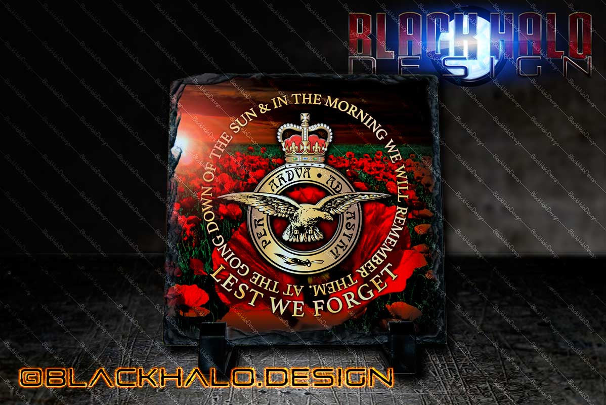 The Royal Air Force (RAF): Lest We Forget Natural Rock Slate with Stands (150mm x 150mm) - Black Halo Design