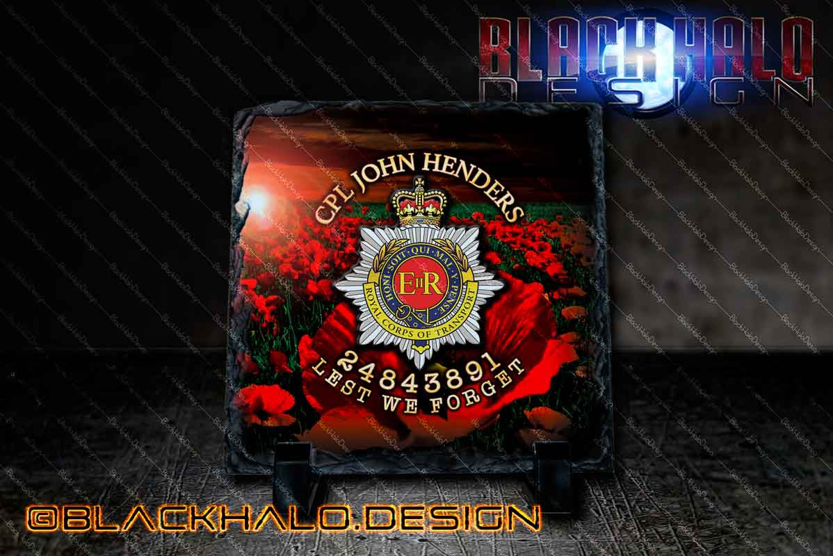 The Royal Corps of Transport Personalised Natural Rock Slate (RCT) - Black Halo Design