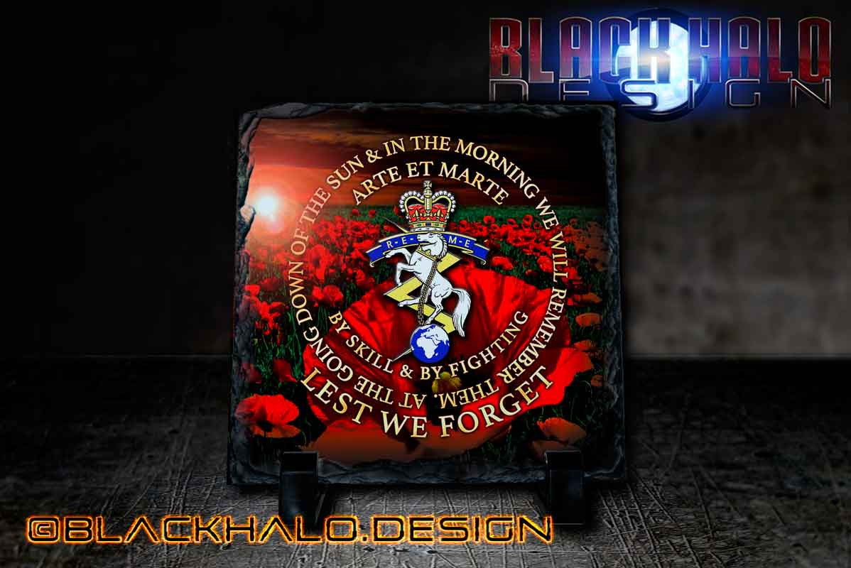 The Royal Electrical & Mechanical Engineers (REME): Lest We Forget Natural Rock Slate with Stands (150mm x 150mm) - Black Halo Design