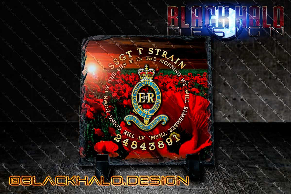Personalised: The Royal Horse Artillery: Lest We Forget Natural Rock Slate with Stands - Black Halo Design