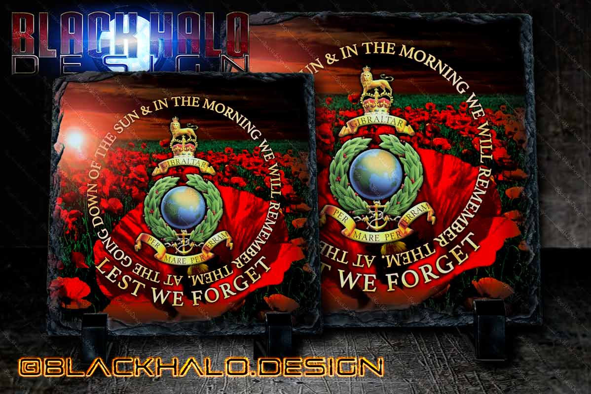 Royal Marines: Globe & Laurels Lest we Forget Poppy Natural Rock Slate with Stands