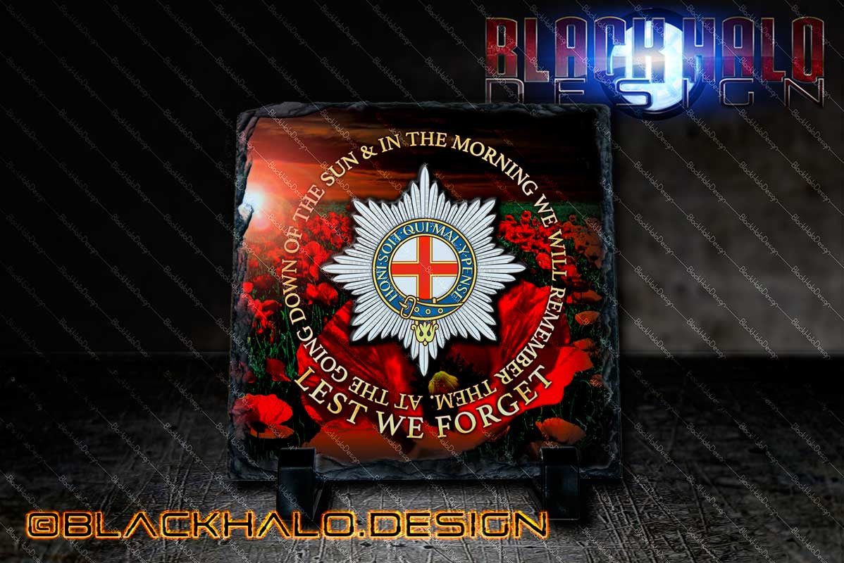The Coldstream Guards: Choice of Natural Rock Slate with Stands (150mm x 150mm) - Black Halo Design
- 1