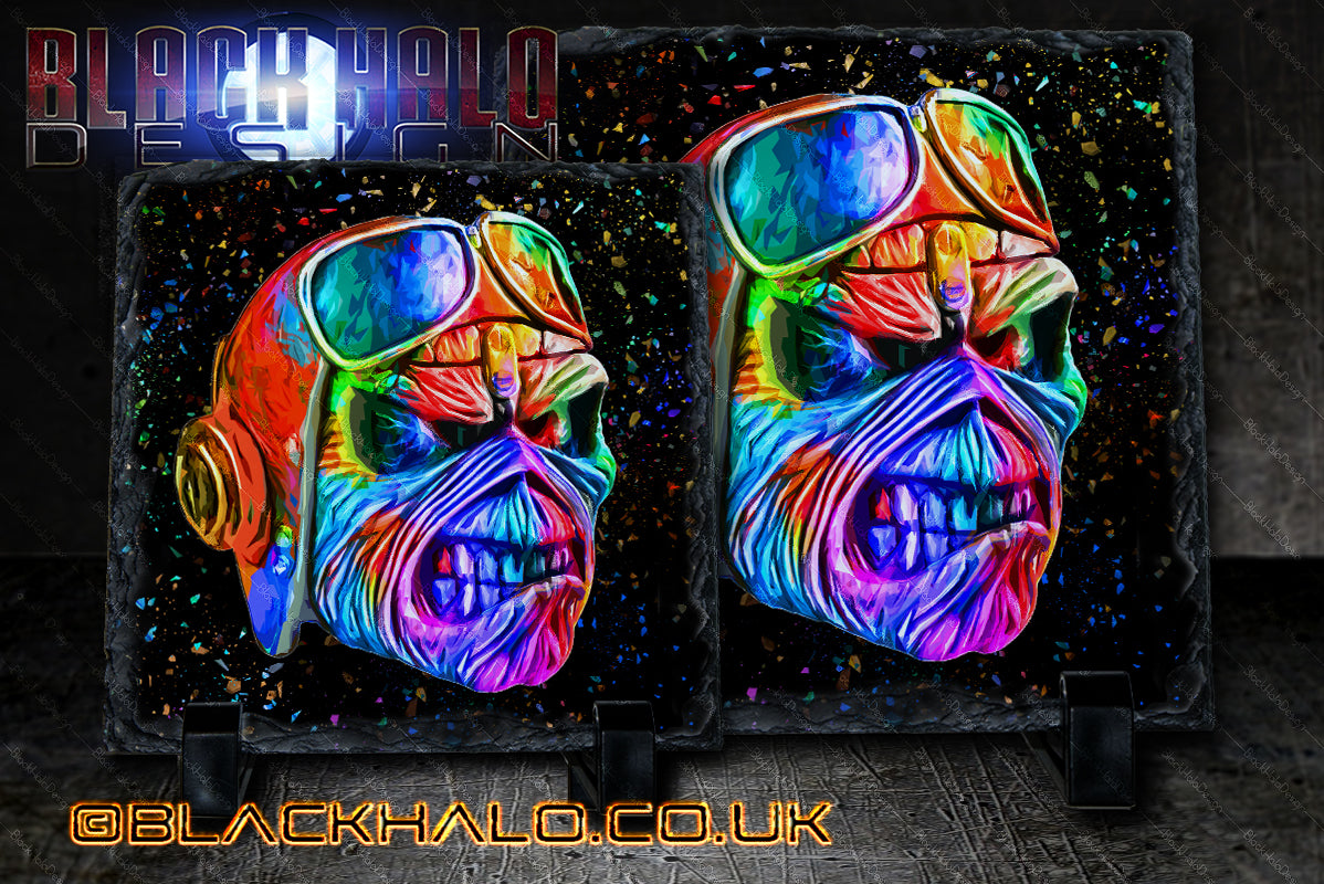 Eddie the Head Artwork on Solid Natural Rock Slate with Stands Aces High