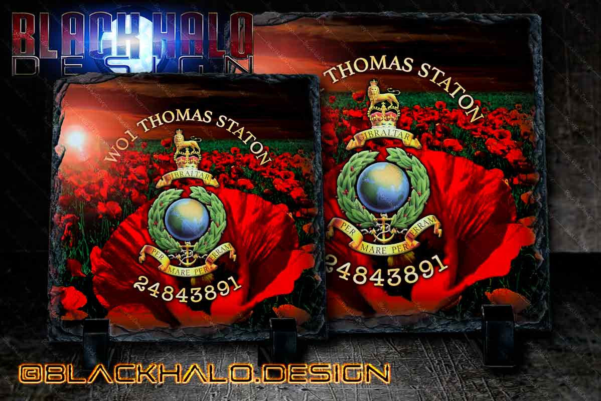 Personalised Royal Marines: Globe & Laurel Poppy Natural Rock Slate with Stands #2