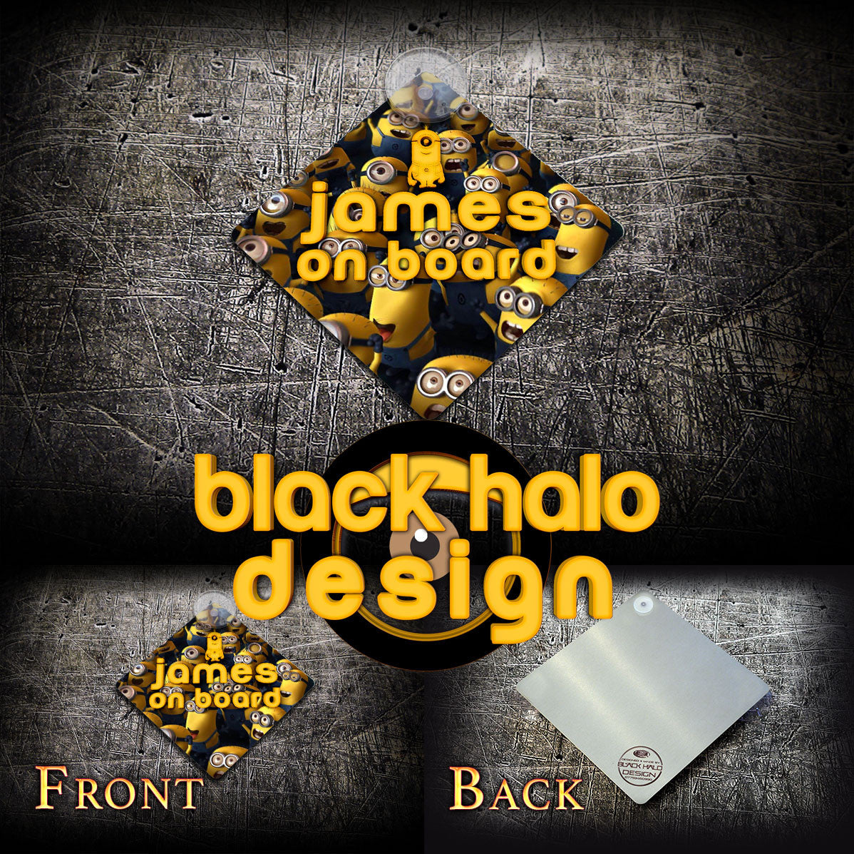 Personalised: Minions (Name) On Board Metal Car Window Sign - Black Halo Design