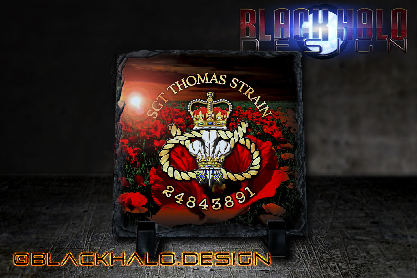 Personalised Staffordshire Regiment Natural Rock Slates 150mm x 150mm - Black Halo Design
- 2