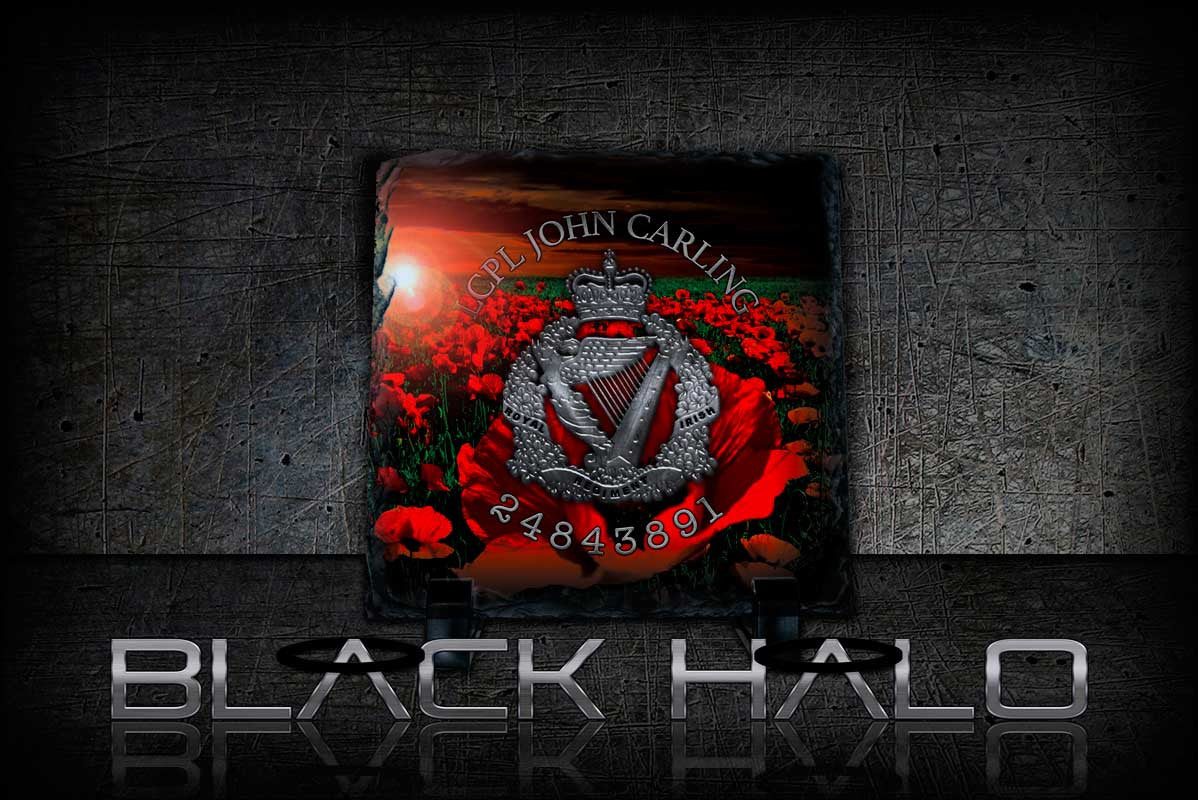 The Royal Irish Regiment (RIR) Personalised Natural Rock Slate (Army) - Black Halo Design