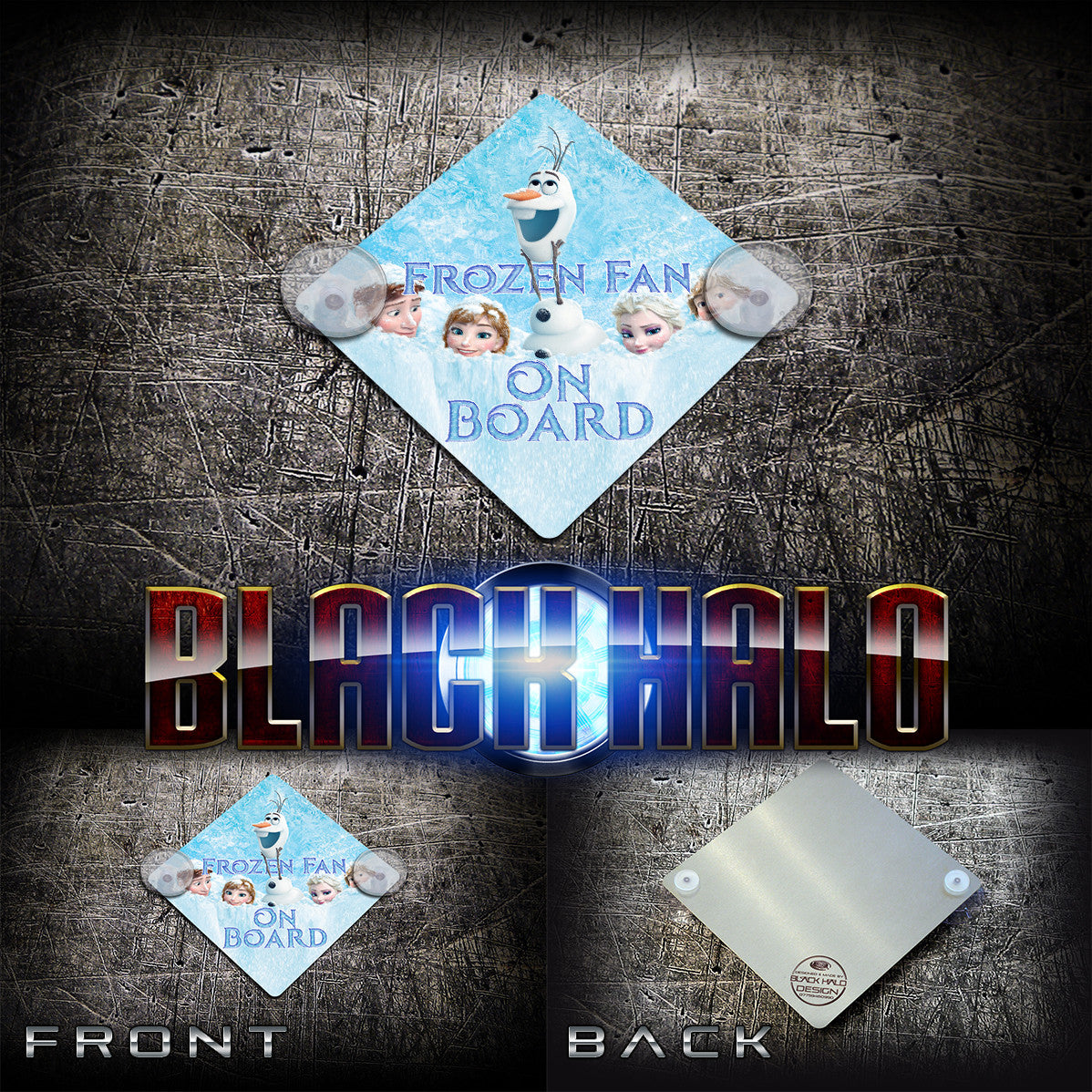 Frozen: Frozen Fan On Board Metal Car Window Sign With 2 Suction Mounts/Cups - Black Halo Design