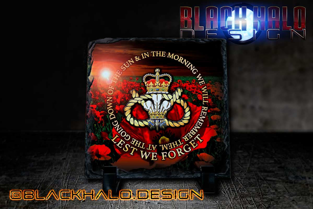 The Staffordshire Regiment: Lest We Forget Natural Rock Slate with Stands (150mm x 150mm) - Black Halo Design