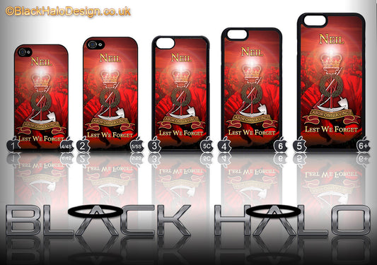 Personalised Royal Pioneer Corps: Tower Badge Poppy Sunset Design Case for Choice of iPhone Models - Black Halo Design
