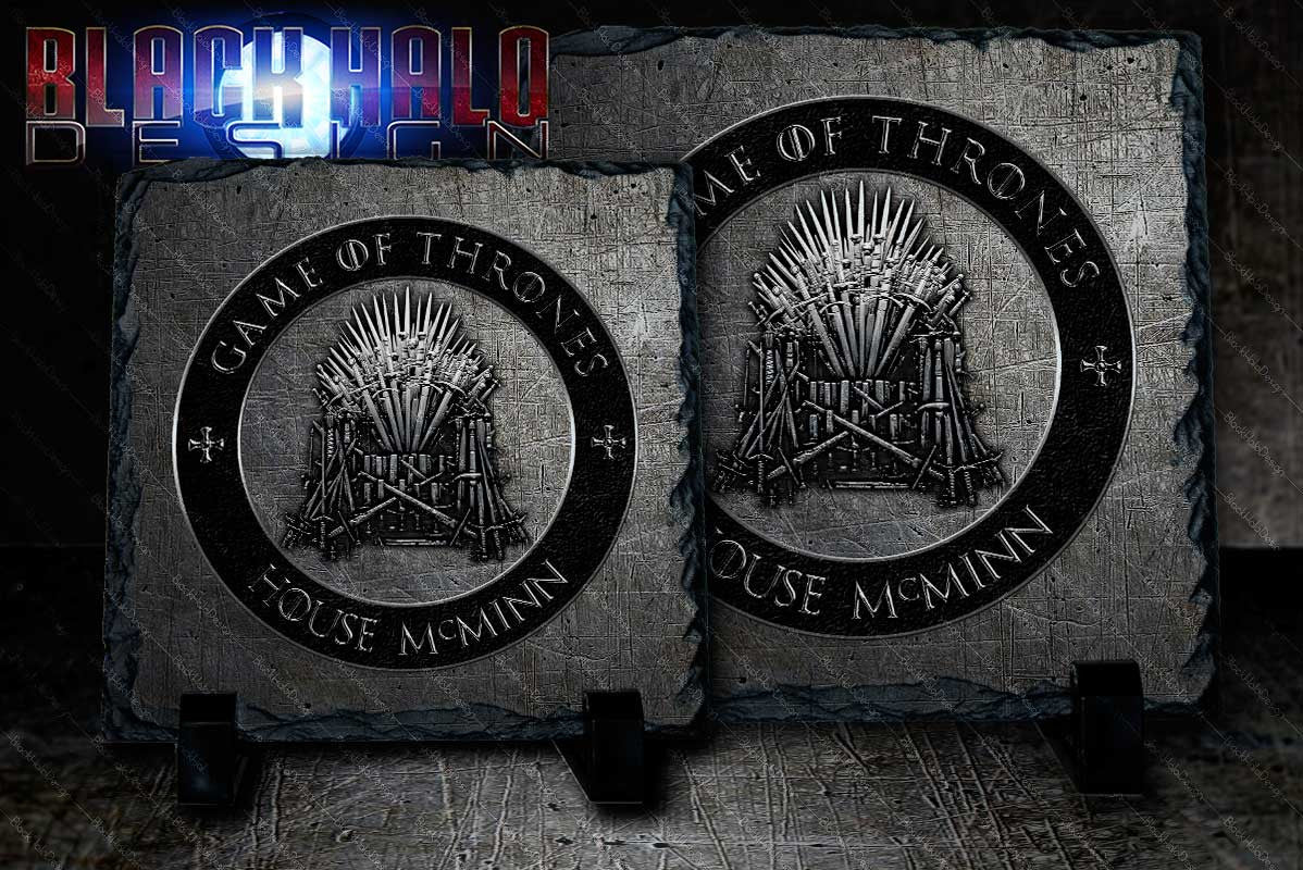 NEW: Game of Thrones Personalised Natural Rock Slate with Stands - Black Halo Design
