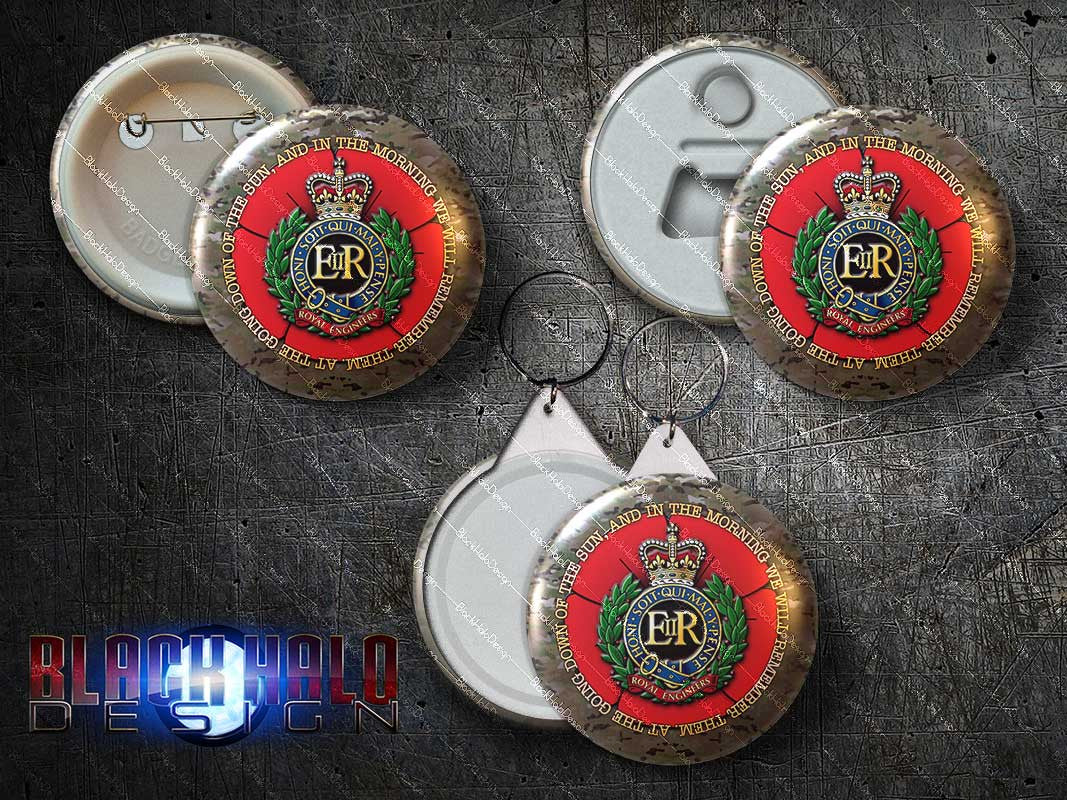 Royal Engineers (RE): Large 58mm Metal Pin Badge, Magnet Bottle Opener or Keyring - Black Halo Design
