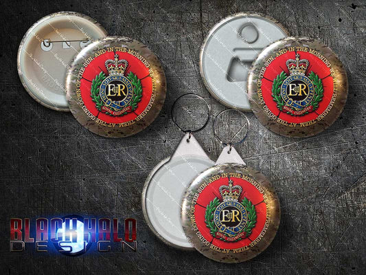 Royal Engineers (RE): Large 58mm Metal Pin Badge, Magnet Bottle Opener or Keyring - Black Halo Design
