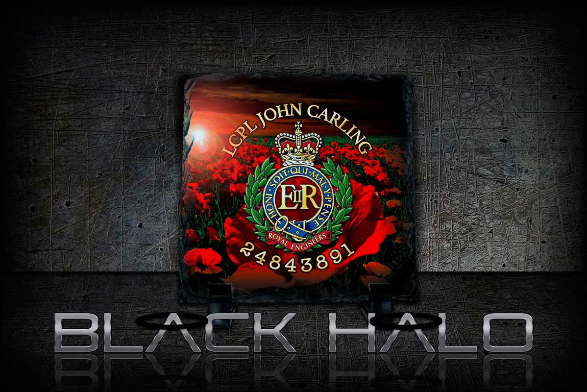 The Royal Engineers Personalised Natural Rock Slate (Sappers) - Black Halo Design
