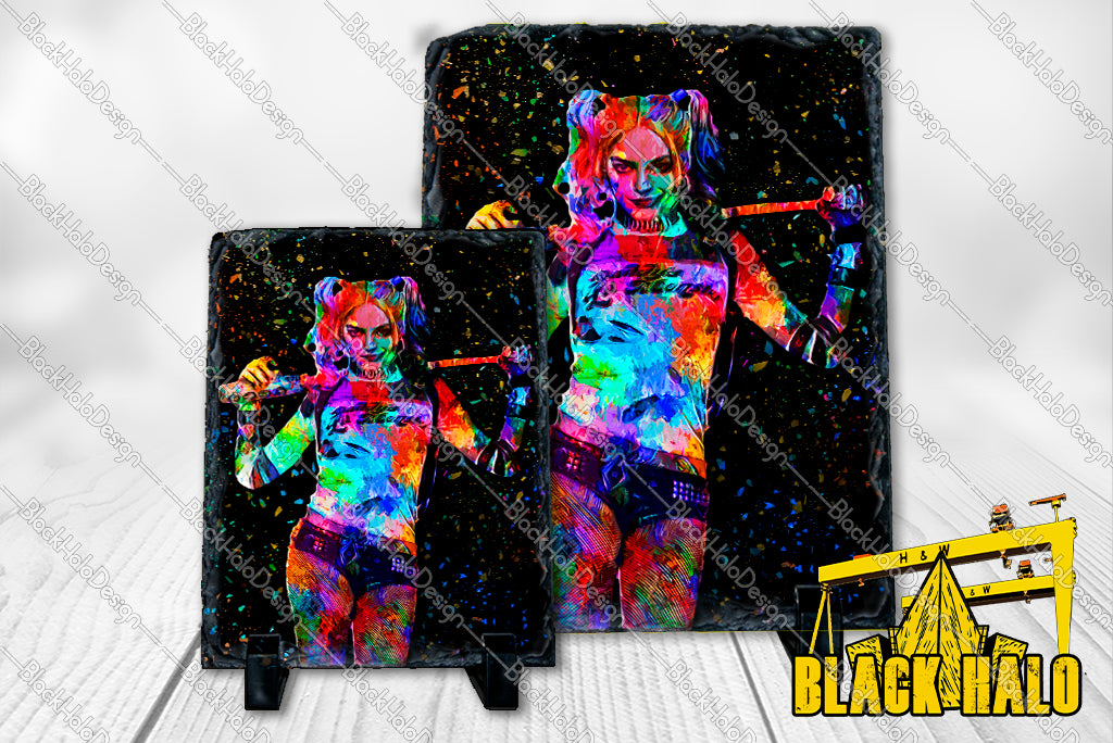 Harley Quinn Inspired  artwork on Natural Rock Slate with Stands