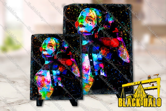 Harley Quinn Inspired  artwork on Natural Rock Slate with Stands