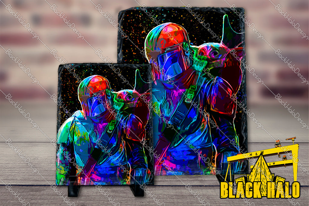 Star Wars The Mandalorian Inspired artwork on Natural Rock Slate with Stands