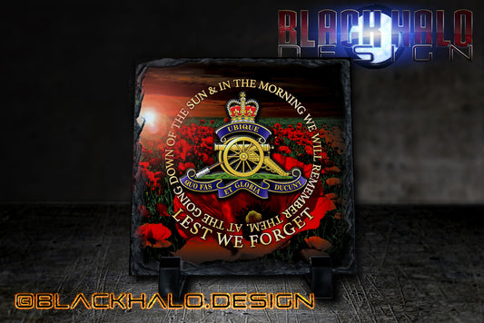 The Regiment Of The Royal Artillery: Lest We Forget Natural Rock Slate (150mm x 150mm) - Black Halo Design
