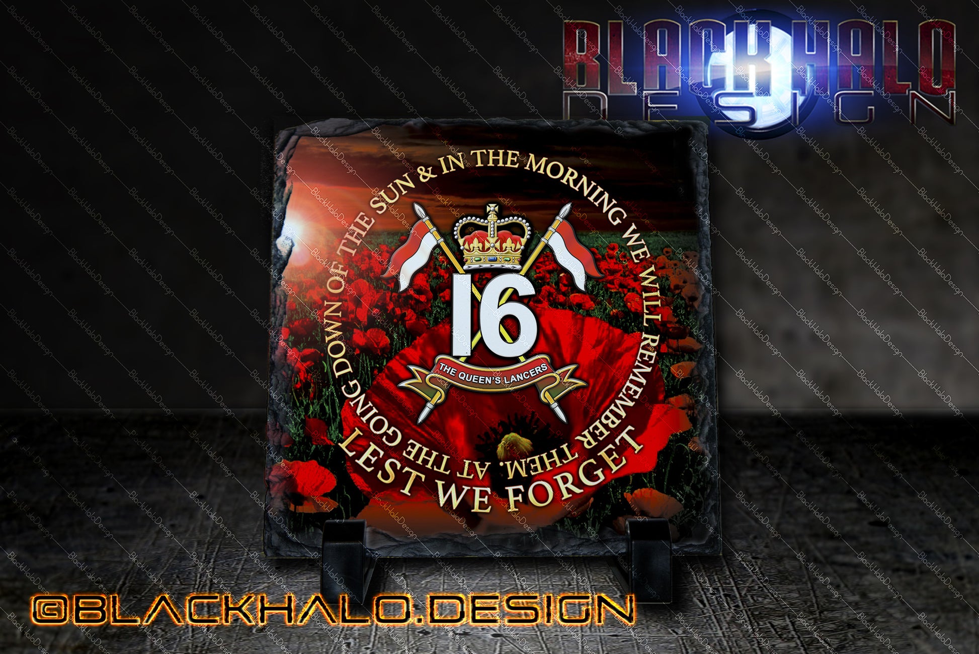 16th/5th The Queen's Royal Lancers: Lest We Forget Natural Rock Slate with Stands (150mm x 150mm) - Black Halo Design
