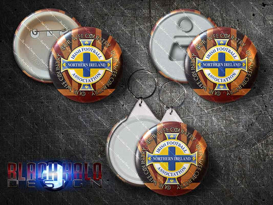 Northern Ireland: Our Wee Country: Union Jack Large 58mm Metal Pin Badge, Bottle Opener Magnet or Keyring - Black Halo Design
