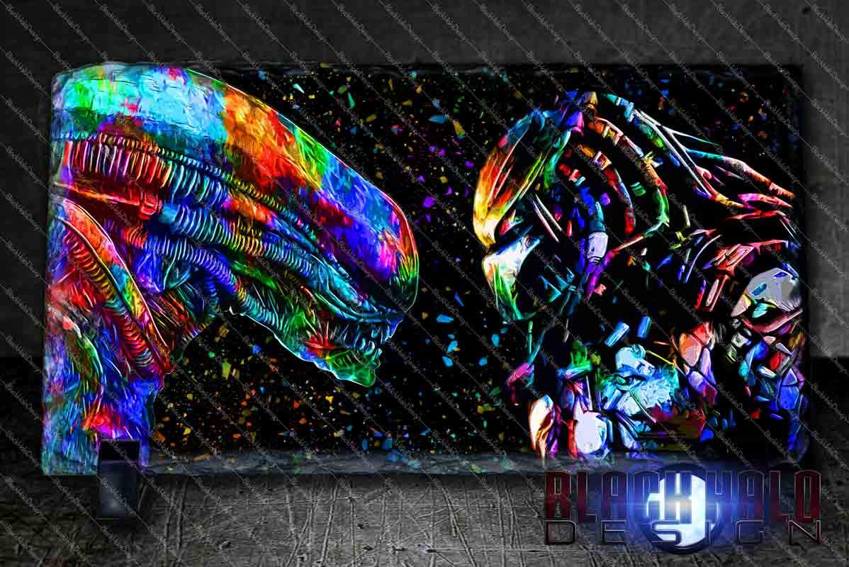 AVP: Alien vs Predator artwork on Panoramic Natural Rock Slate