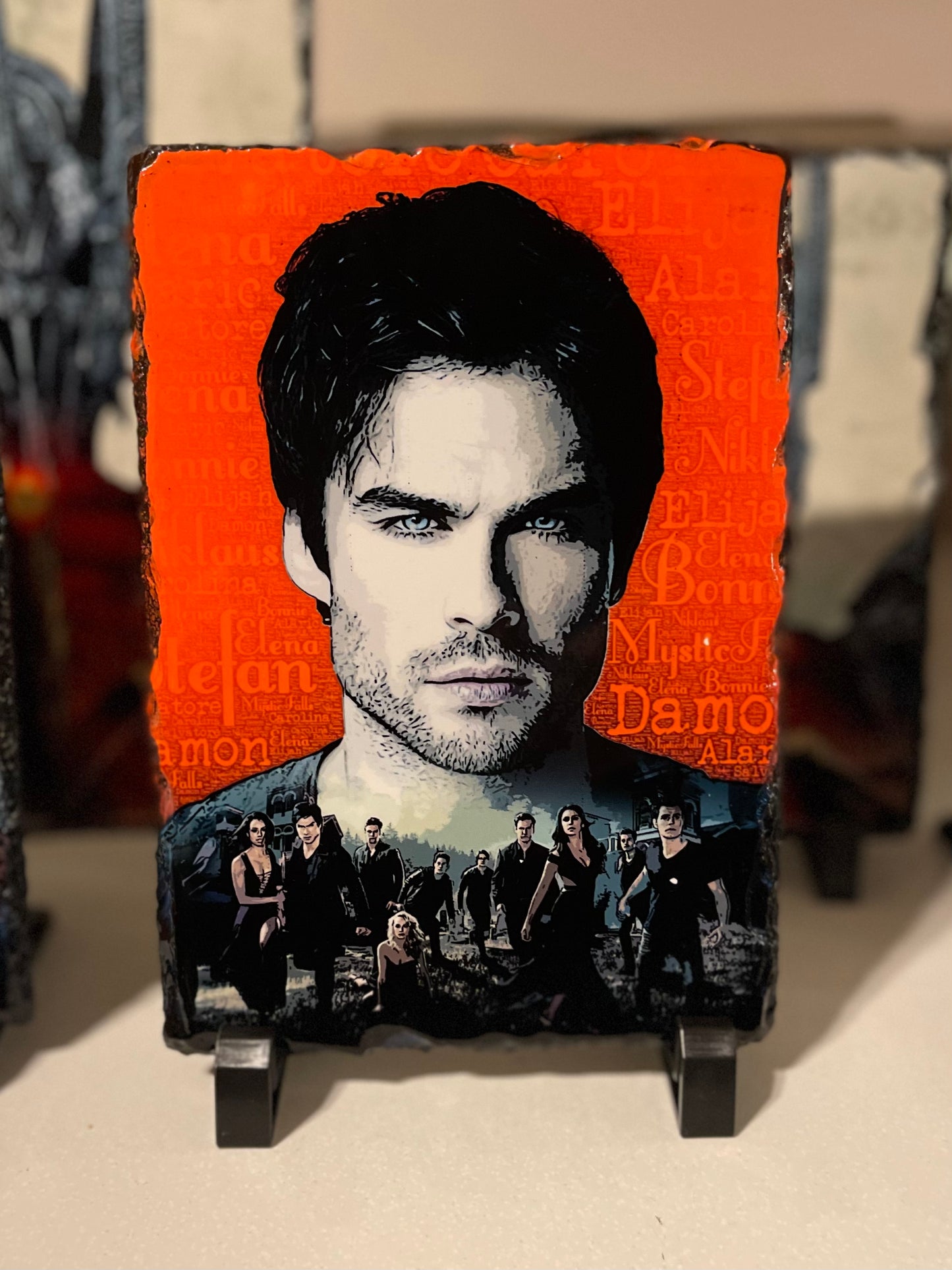 Vampire Diaries inspired Damon Salvatore artwork on Solid Rock Slate