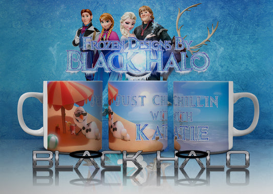 Frozen: Olaf: Just Chillin with Personalised 10oz Ceramic Mug #2 Beach - Black Halo Design
