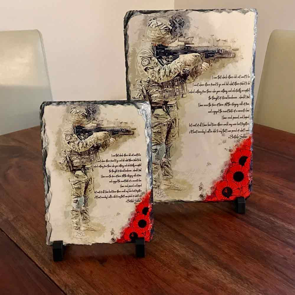 A British Soldier Poem: Poppy Natural Rock Slate with Stands
