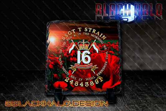 Personalised: 16 The Queens Lancers Personalised Natural Rock Slate - Black Halo Design
